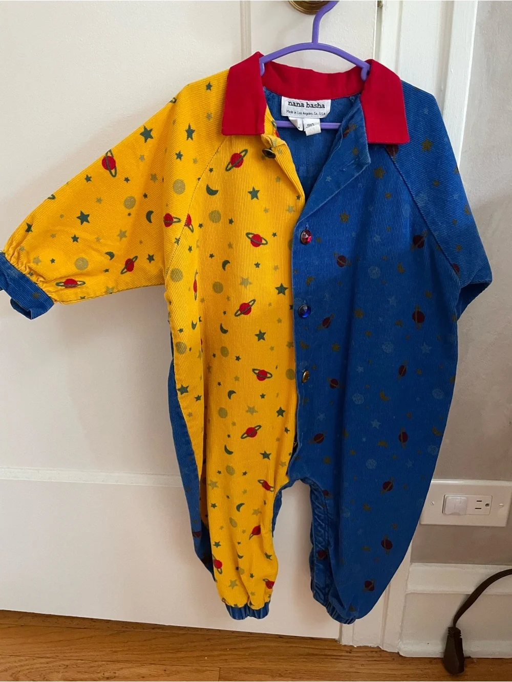 RARE Vtg Nana Basha Yellow & Blue Space Print Kids One-Piece - Corduroy